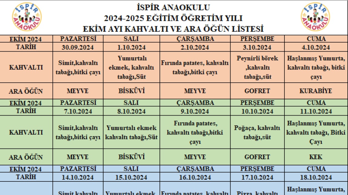 Ekim ayı kahvaltı ve ara öğün